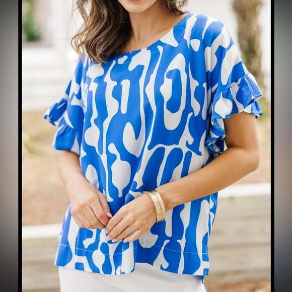 Umgee Tops - Umgee Can’t Wait Saphire Blue Abstract Ruffle Sleeve Blouse